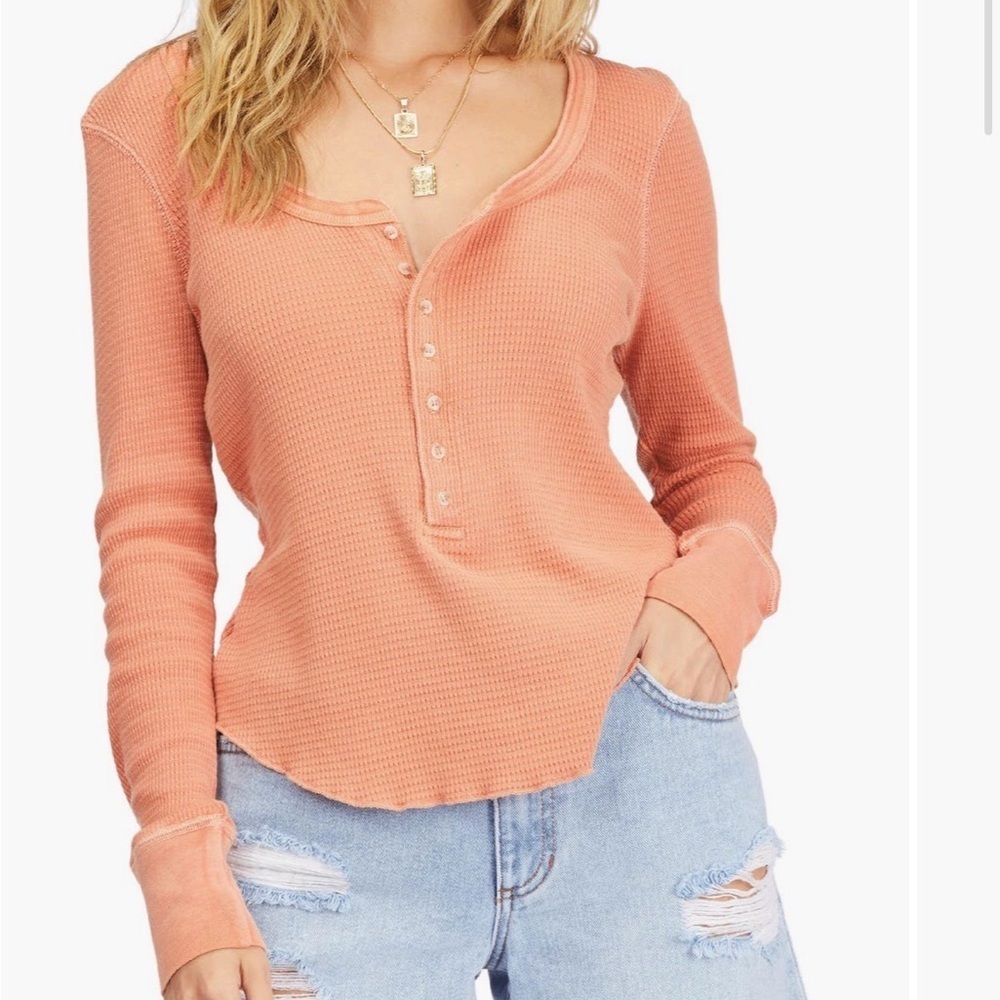 BILLABONG MY HENLEY ORANGE SCOOP HENLEY BUTTON NECKLINE THERMAL SHIRT SZ XS